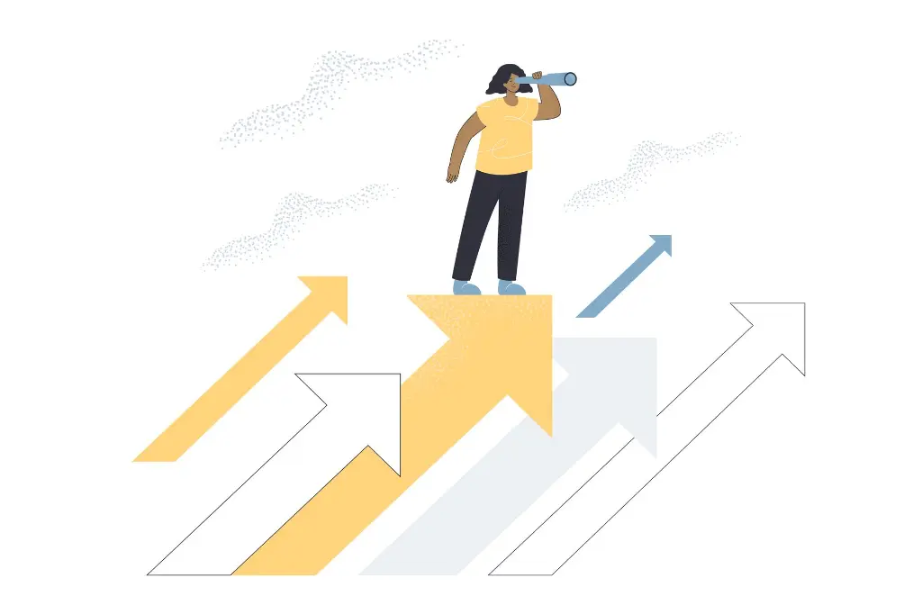 Tiny female person with spyglass looking for job opportunities.webp